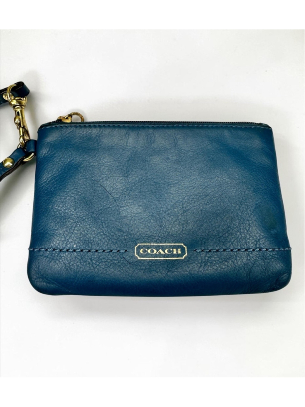 Coach Blue Leather Wristlet Zip Pouch Gold Hardware Small Clutch Wallet